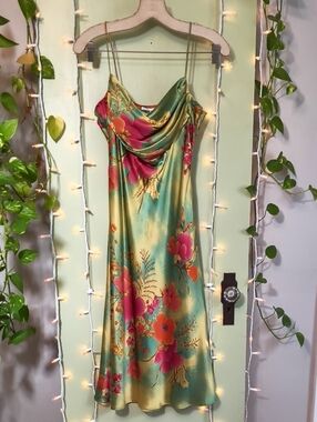 Women's Fiori Di Zucca 100% Silk Green Pink Floral Spaghetti Strap Dress 10